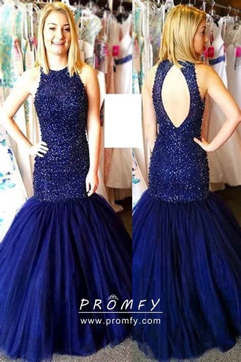 Beading Royal Blue Dropped Waist Trumpet Formal Gown Promfy