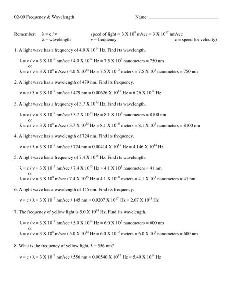 Wavelength And Frequency Worksheet With Answers