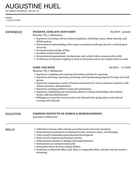 Admissions Resume Samples Velvet Jobs