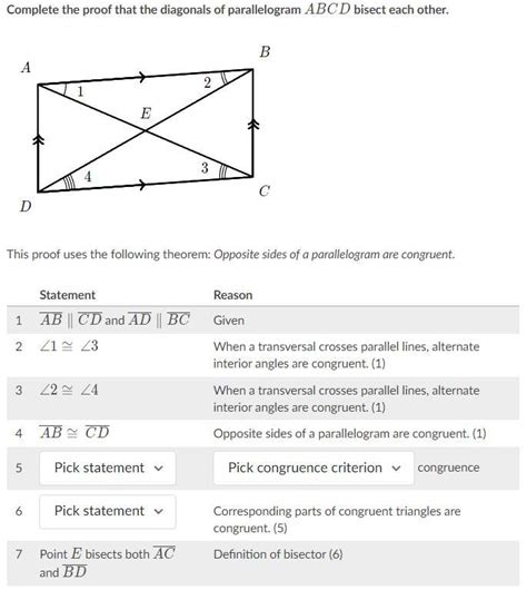 Please Answer Complete The Proof That The Diagonals Of Parallelogram