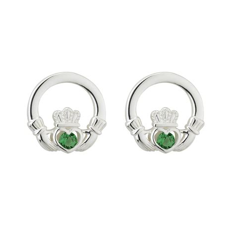 Sterling Silver Green Crystal Claddagh Stud Earrings Moriartys