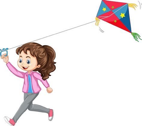 Girl Playing Kite Isolated On White Background Vector Art At