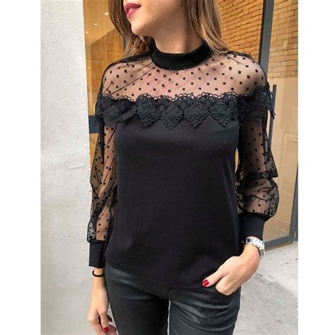 Camisa De Retalhos De Malha De Renda Das Mulheres Roupas Femininas De