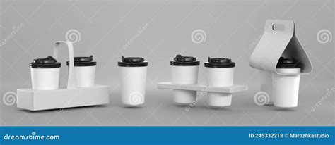 Coffee Cups In White Paper Holders 3d Render Cardboard Packaging For