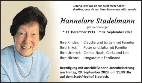 Traueranzeigen Von Hannelore Stadelmann Schwaebische De Trauerportal