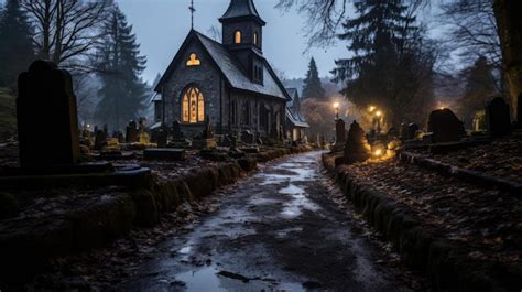 Premium AI Image | an old church in the middle of a cemetery at night