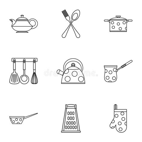 Kitchen Utensils Icons Set, Outline Style Stock Illustration ...