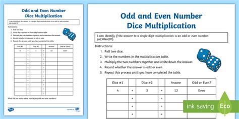 Odd and Even Number Dice Multiplication Worksheet / Worksheet