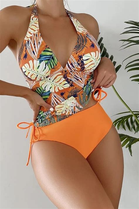 Plants Print Drawstring Ruched Halter Tankini Set Flamingo Shop