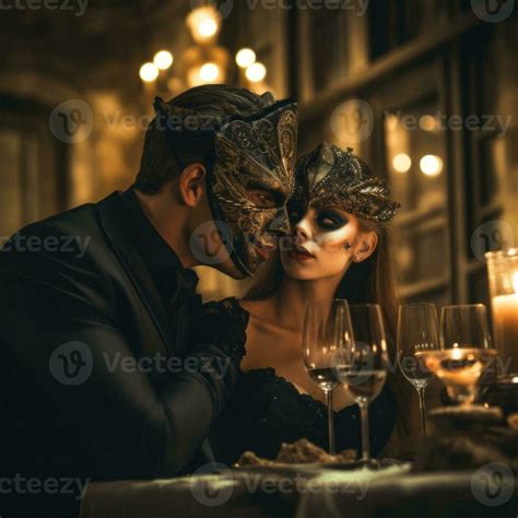 Elegant couple wearing Venetian masks at a masquerade ball, evoking the ...