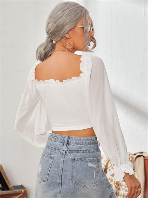 Shein Frenchy Frill Trim Knot Front Flounce Sleeve Crop Top Shein Usa