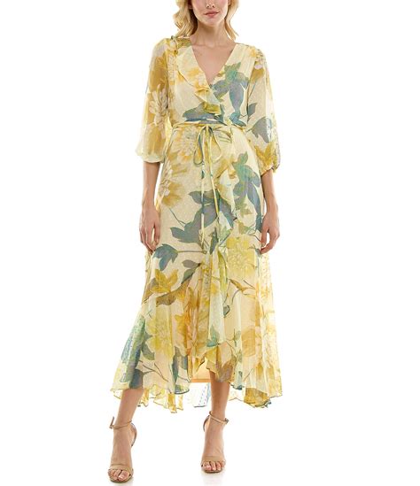 Maison Tara 3 4 Sleeve V Neck Floral Chiffon Faux Wrap Maxi Dress