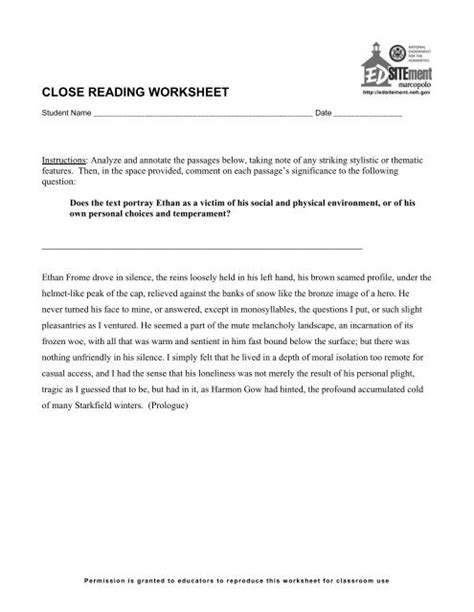 Close Reading Worksheet Edsitement