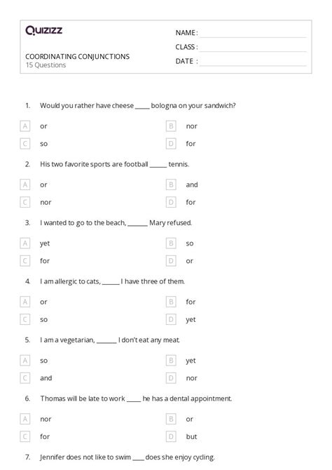 50 Coordinating Conjunctions Worksheets On Quizizz Free And Printable