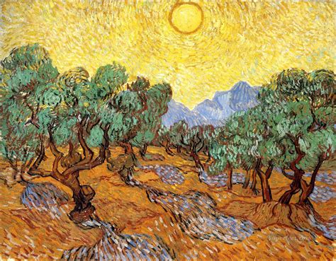 Olive Trees With Yellow Sky And Sun Vincent Van Gogh Scenery Painting