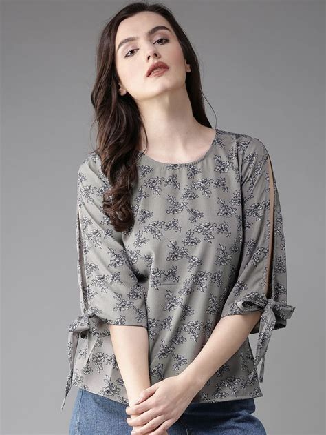 Buy Hereandnow Women Grey Floral Print Top Tops For Women 2288919