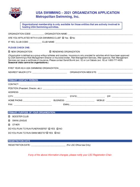 Fillable Online USA SWIMMING 2021 ORGANIZATION APPLICATION Fax