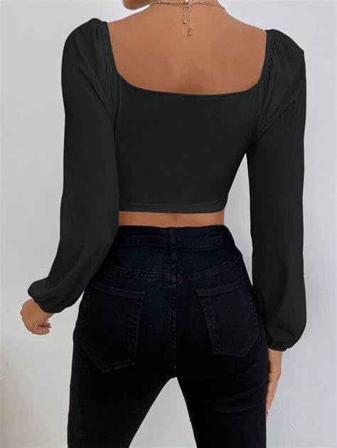 Sweetheart Neck Lantern Sleeve Crop Top Shein Usa