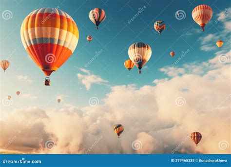 Colorful Hot Air Balloons In Flight AI Generated Stock Illustration Illustration Of Clouds