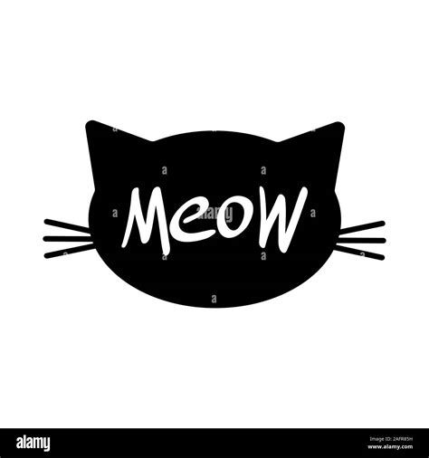 Cute Cartoon Cat Face Silhouette With Meow Lettering Inside Simple Black Object On White