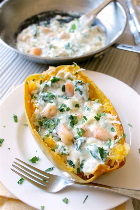 Creamy Spaghetti Squash Boats With Shrimp The Kitchen Prep Blog