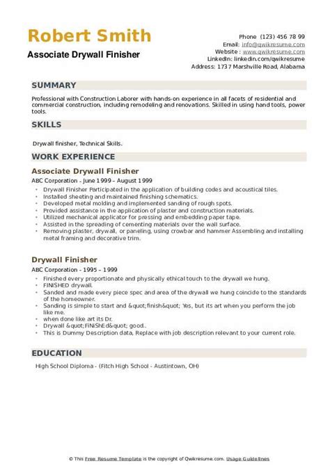 Drywall Finisher Resume Samples Qwikresume