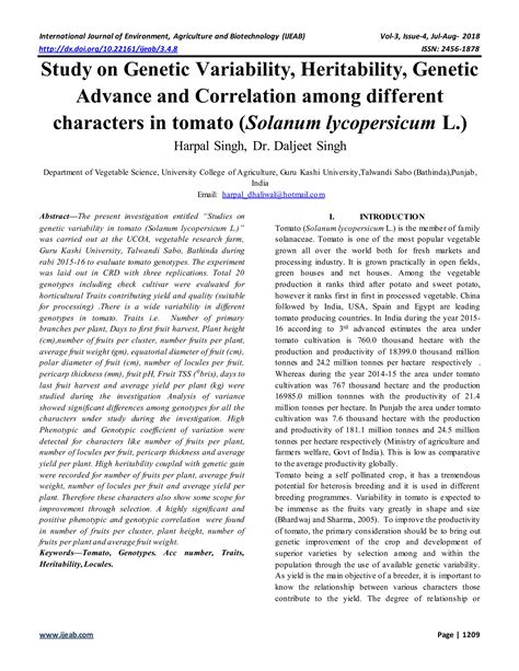 Study On Genetic Variability Heritability Genetic Advance And