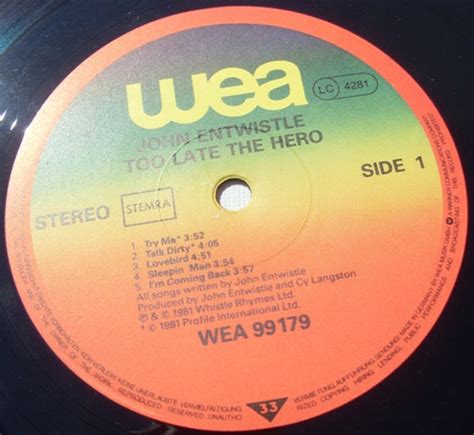 John Entwistle Too Late The Hero Lp Album Akerrecords Nl