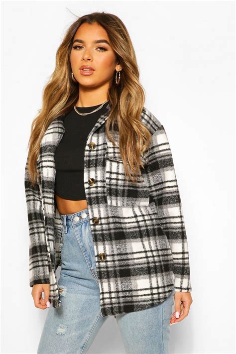 Petite Flannel Wool Look Longline Shirt Jacket Boohoo Jacket Outfit