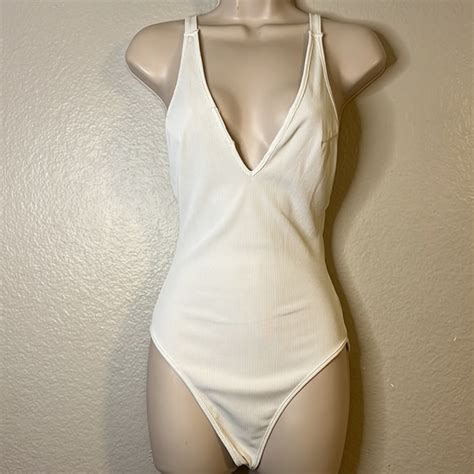 Vestique Tops Vestique Plunging Neck Low Back White Ribbed Bodysuit