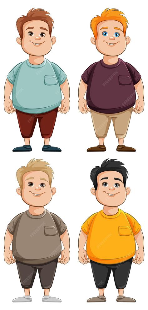 Cuatro Hombres Adolescentes Regordetes De Dibujos Animados Vector Premium