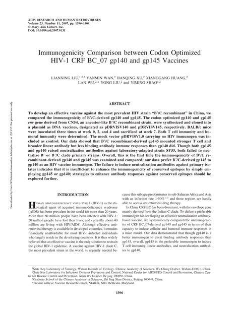 PDF Immunogenicity Comparison Between Codon Optimized HIV 1 CRF BC 07