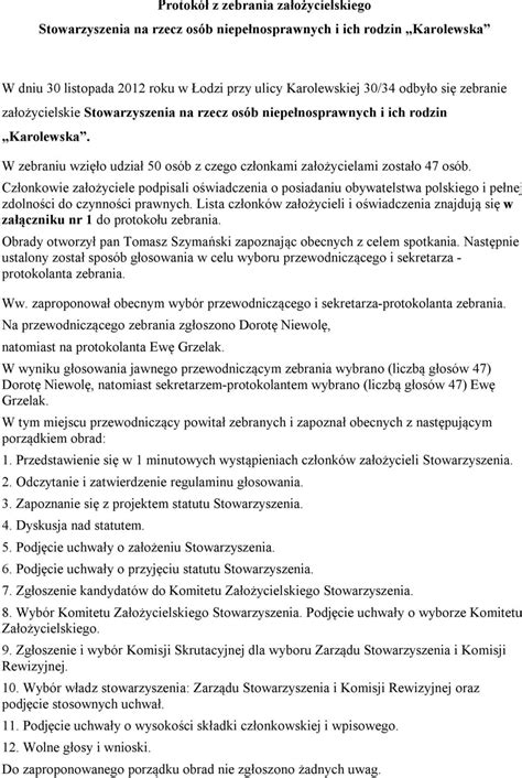 Protok Z Zebrania Za O Ycielskiego Stowarzyszenia Na Rzecz Os B