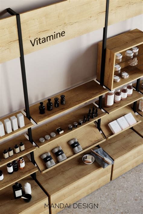 an assortment of products displayed on wooden shelves