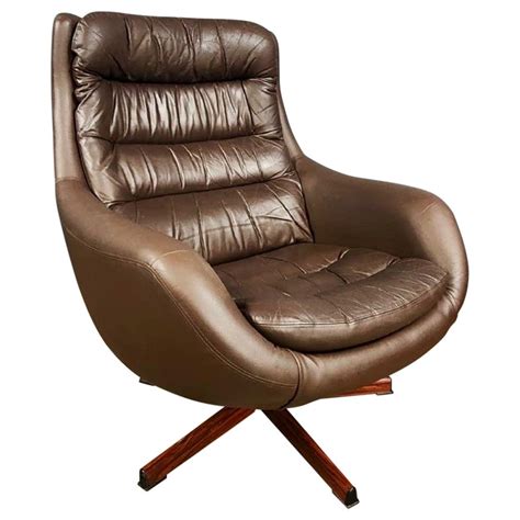 Brown Leather Mid Century Overman Swedish Swivel Lounge Chair Vintage