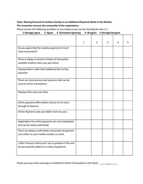 Survey Questionnaires Cash Less Society Topic Moving Forward To