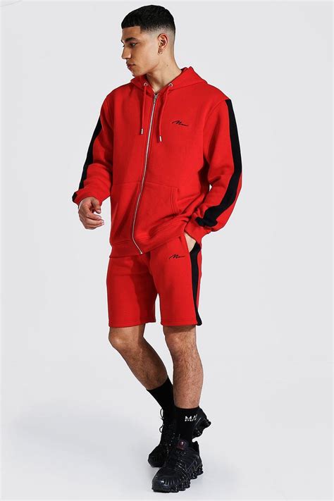 Man Signature Zip Hooded Short Tracksuit Boohoo Uk