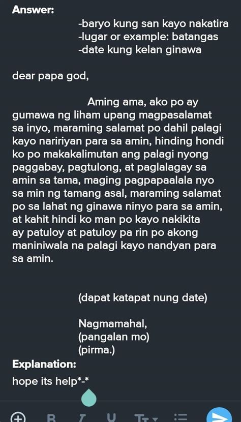 Pagsasanay Gumawa Ng Isang Liham Ng Pasasalamat Sa Diyos Sa Mga Talent