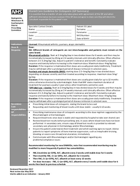 Fillable Online Shared Care Guideline For Ciclosporin GP Summary Fax