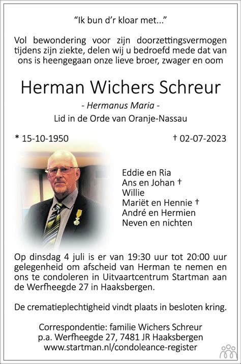 Herman Hermanus Maria Wichers Schreur Overlijdensbericht