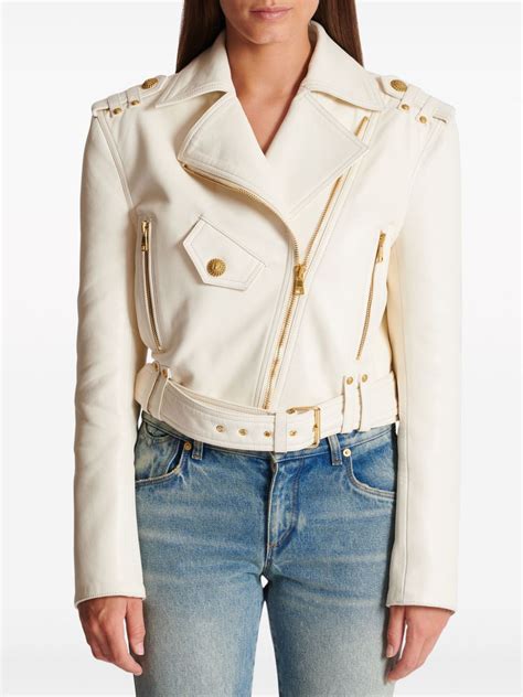 Balmain Cropped Leather Biker Jacket Neutrals Farfetch