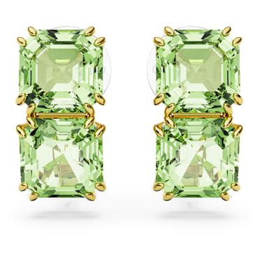 Millenia Clip Earrings Square Cut Green Gold Tone Plated Swarovski