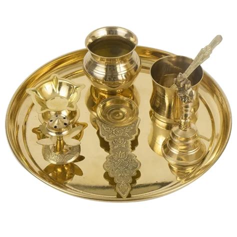 TRADITIONAL HANDCRAFTED BRASS Pooja Thali Diya Aarti Plate Set 10