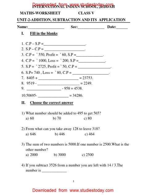 Cbse Class 5 Mathematics Worksheet Addition Subtraction Pdf