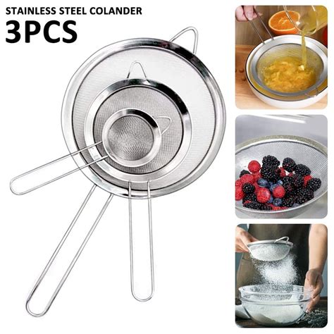 3pcs Fine Mesh Strainers Set Stainless Steel Colander Sieve Sifters