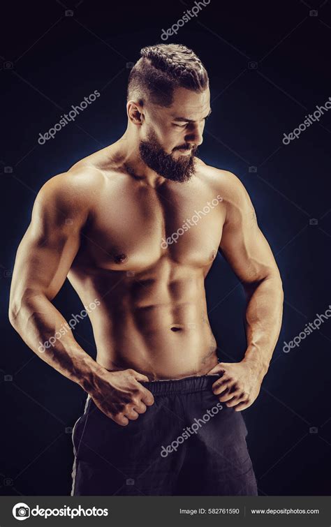 Naked Strong Man Showing His Abs Muscles Dark Background Strength Stock