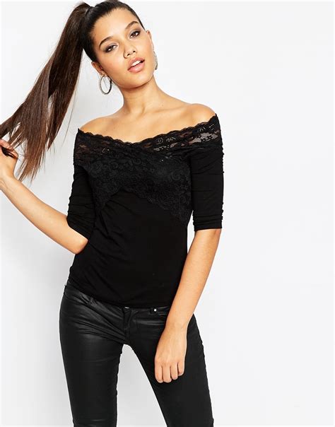 Asos Off Shoulder Top With Wrap Lace Trim In Black Lyst