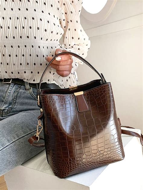 Olivia Mark Crocodile Embossed Large Capacity Bucket Bag Women