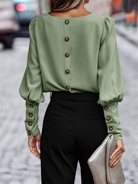 Mint Green Casual Collar Long Sleeve Fabric Plain Top Embellished Non