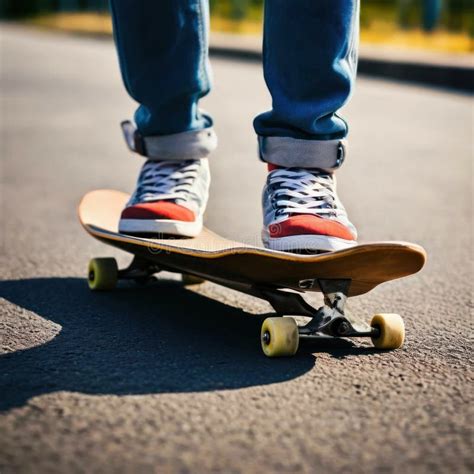 Close Up Of The Legs Of A Skateboarder In Sneakers Small Depth Of